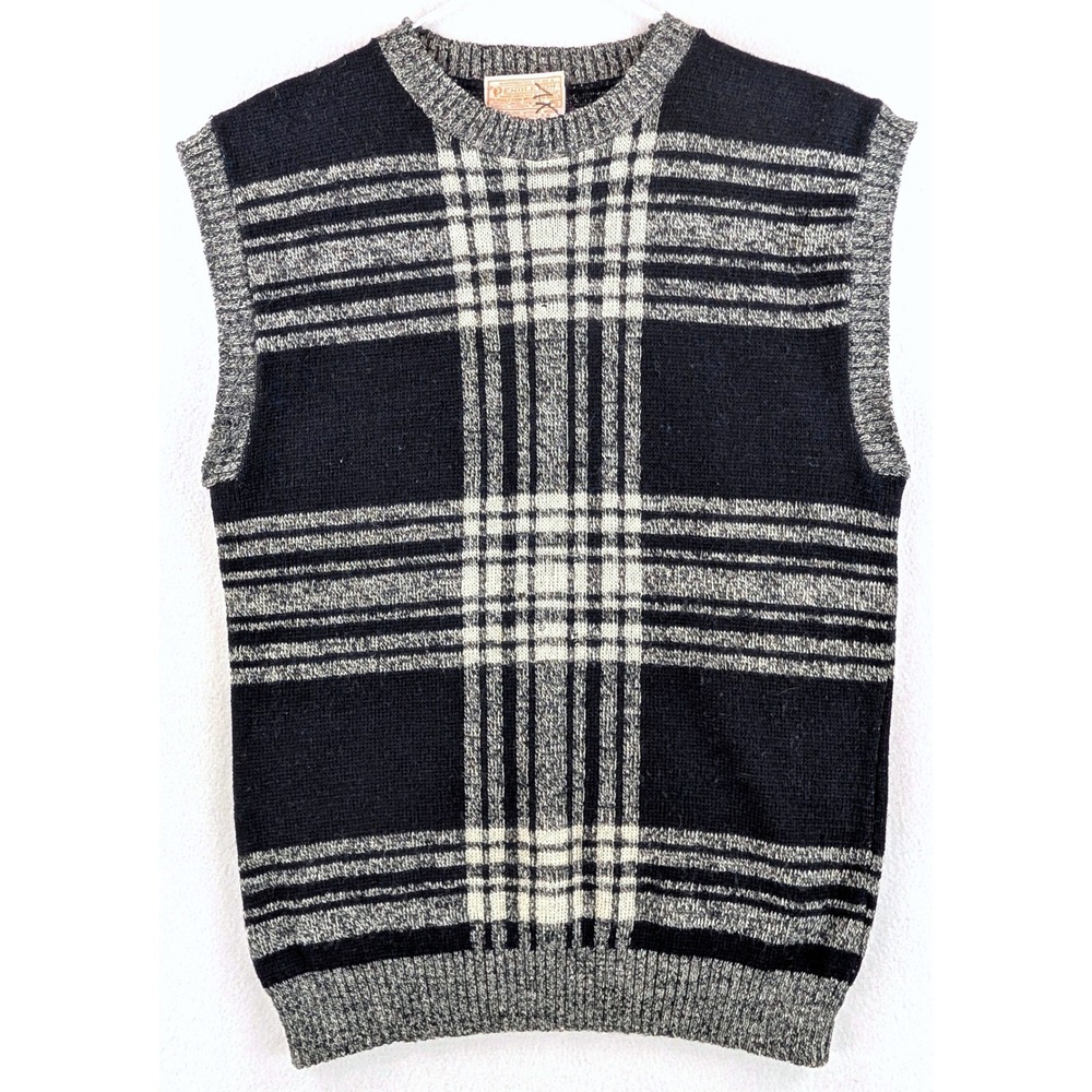 Vintage Pendleton Wool Plaid Sweater Vest Mens S Black Grey Buffalo Check 70s